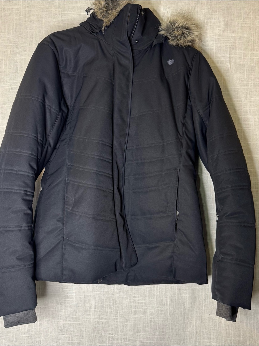 Obermeyer Black Quilted Hooded Puffer with Faux Fur Trim